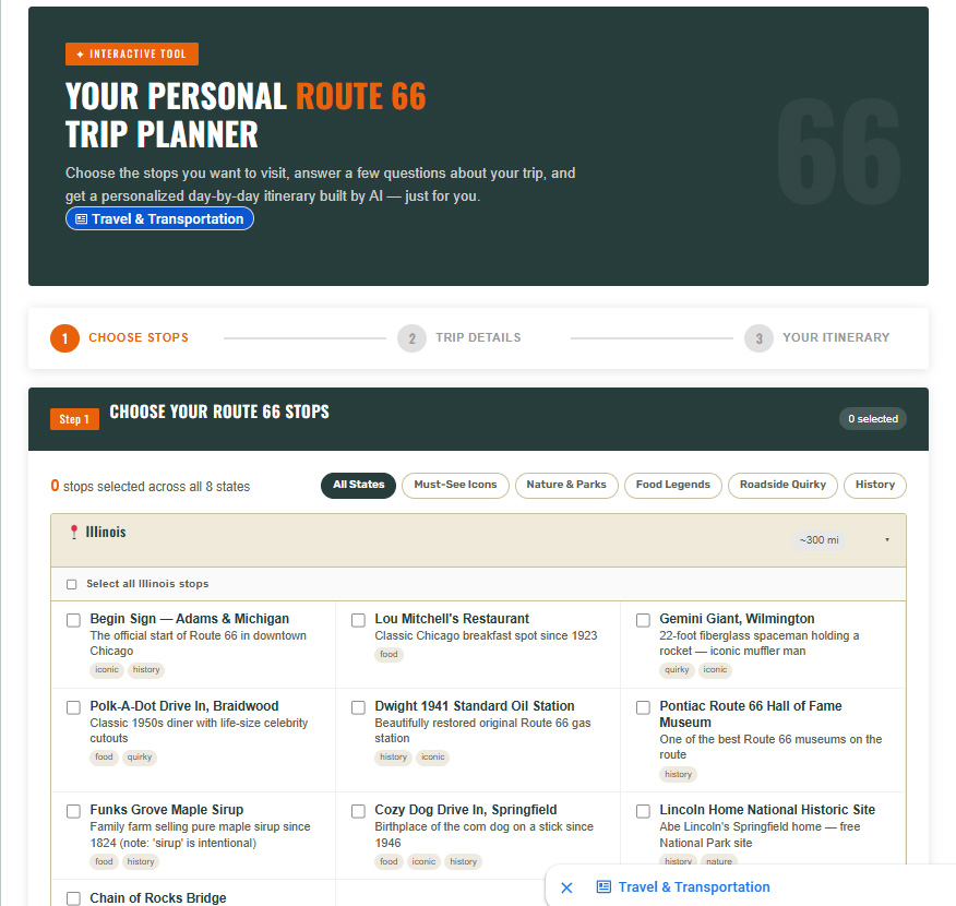 Route 66 Itinerary Builder